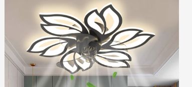 Photo 1 of BESKETIE 25.6" Bladeless Ceiling Fan with Lights, Flush Mount Ceiling Fan with Dimmable LED Fan Light and Remote Control, 3 Color 6 Wind Speeds Flower Shape for Living Room, Bedroom, Kids Room -Black