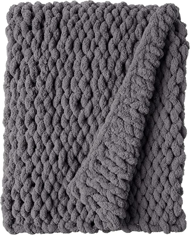 Photo 1 of Chunky Knit Throw Blanket-Large Cable Knitted Soft Cozy Polyester Chenille Bulky Blankets for Cuddling up in Bed, on The Couch or Sofa.. grey