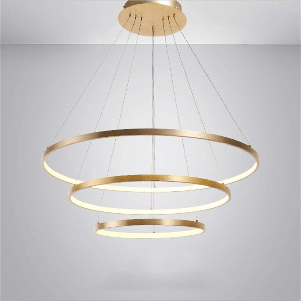 Photo 1 of Modern LED Chandeliers Round Shape Drop Ceiling Lighting 3 Ring Hanging Lamp Gold Pendant Light Fixture for Kitchen Island, Bedroom, Dining Room Cool Light Size L