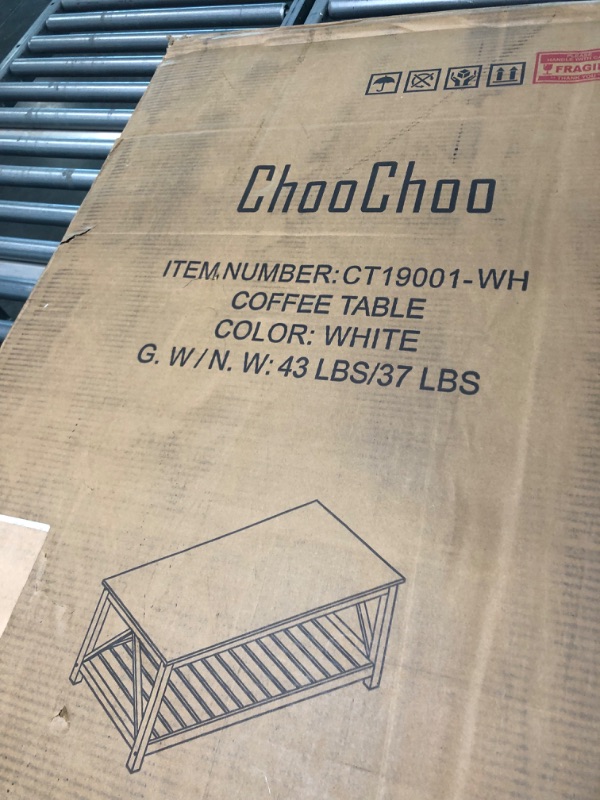 Photo 7 of ChooChoo Farmhouse Coffee Table, Rustic Vintage Living Room Table with Shelf, 40 White
