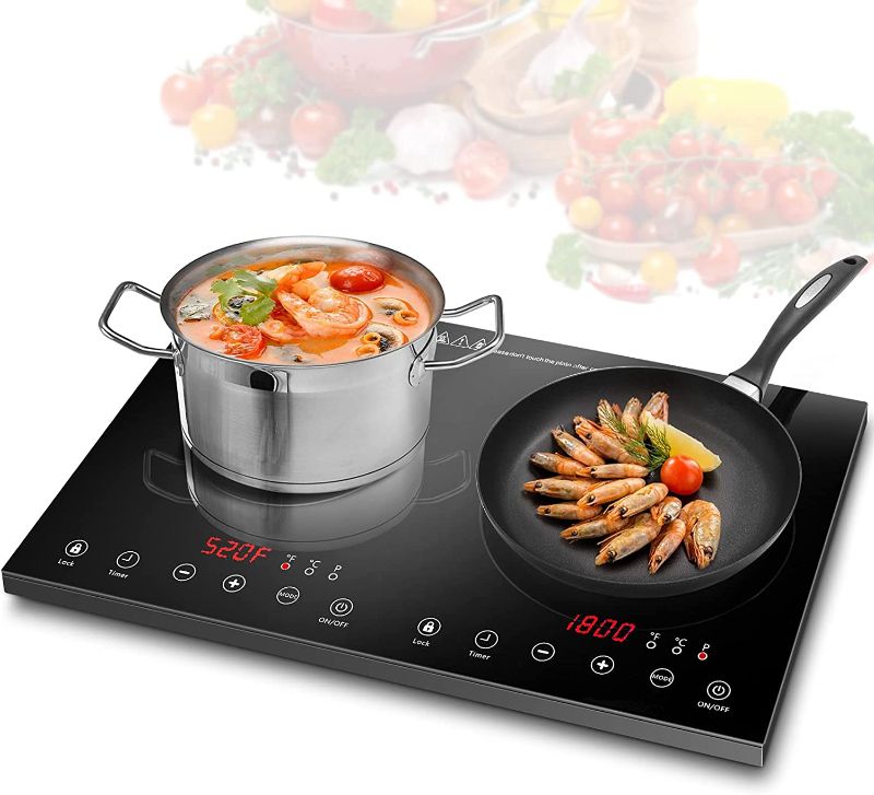 Photo 1 of Double Induction Cooktop, 1800W Electric Cooktop with 2 Burner, Portable Countertop Burner with LED Sensor Touch Screen, 17 Power Levels 21 Temperature Setting Child Safety Lock, 3 Hours Timer
