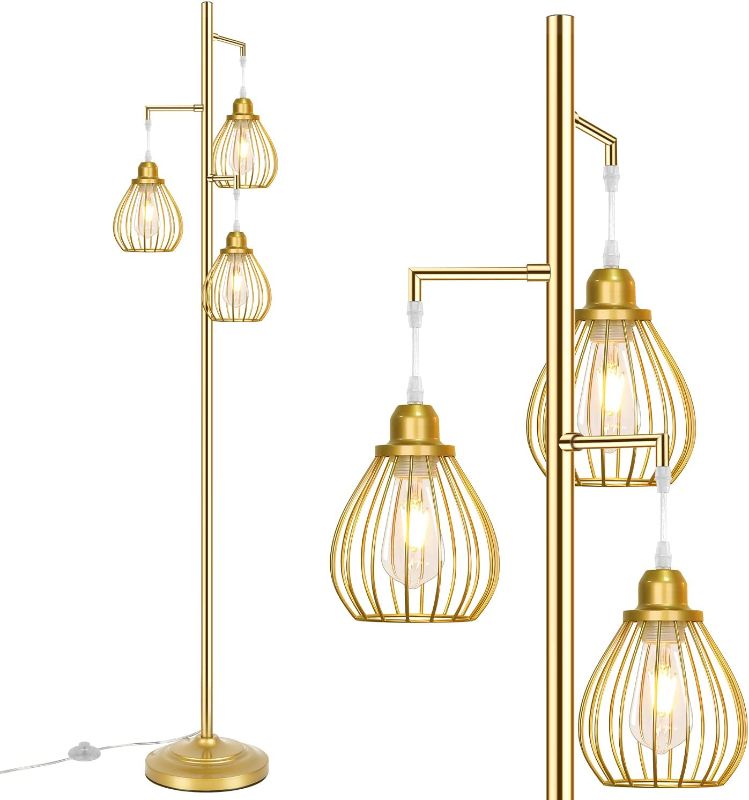 Photo 1 of  Floor Lamp for Living Room, Golden Farmhouse Floor Lamp with 3 Elegant Teardrop Cage Heads 
