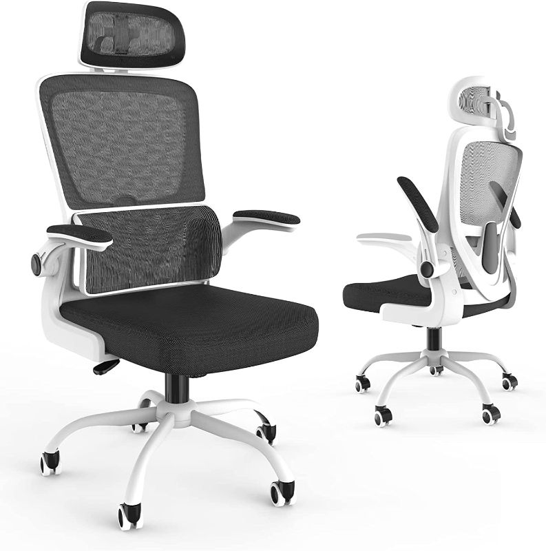 Photo 1 of Laziiey Home Office Desk Chairs Ergonomic Chair with Lumbar Support Flip Up Arms Mesh Computer Chair with Comfortable Wide Seat Adjustable Headrest (White)
