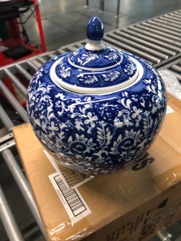 Photo 2 of A&B Home 10'' Decorative Antique Porcelain Jar with Lid Flower Pot Planter Blue and White Vase Floral Print Centerpiece Home Decor Indoor Outdoor 8.2" x 8.2" x 9.8" Blue