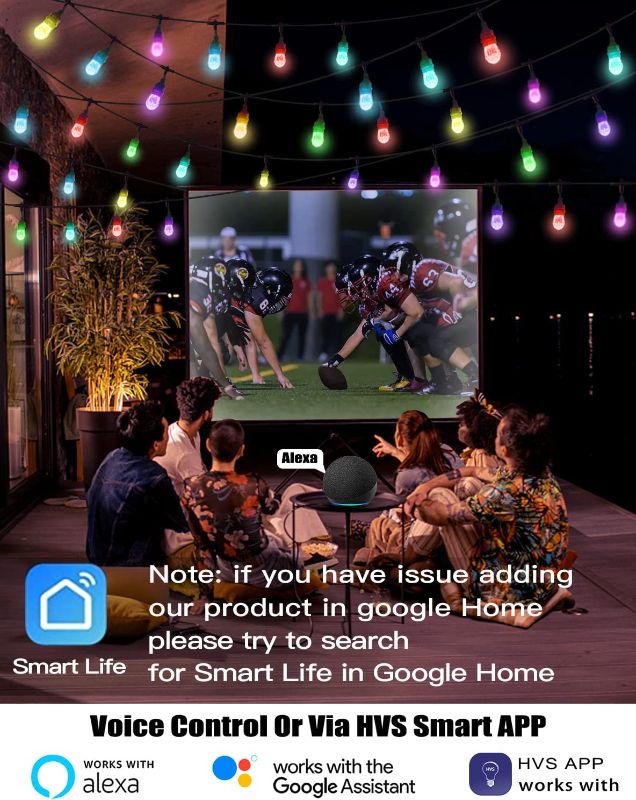 Photo 1 of HVS Smart Outdoor String Lights LED 48Ft Color Changing RGBW Patio String Lights Infinite Connectable APP Control 2.4GHz WiFi Waterproof 24 Acrylic Work with Alexa Google for Party Outside Café