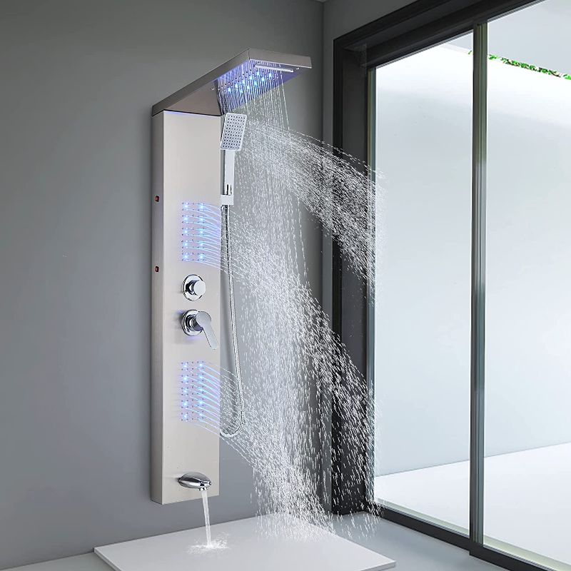 Photo 1 of FCOTEEU Shower Panel Tower System Bathroom Shower Tower with LED Rainfall Waterfall Shower Head Body Massage Jet Areas Handheld Shower Tub Spout Stainless Steel Shower Column Brushed 