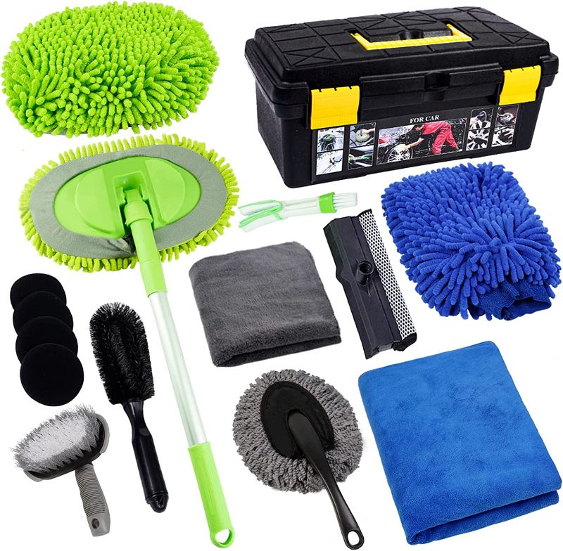 Photo 1 of FORCAR 15Pcs Car Wash Cleaning Kit with Extendable Long Handle Brush Mop & Long Pole Window Water Scraper, 63" Large Towels, 16" Large Storage...
