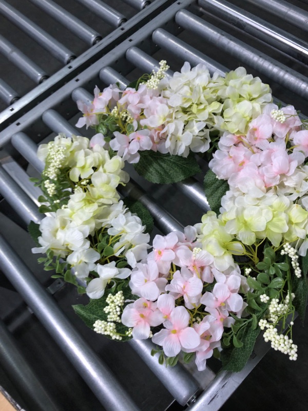 Photo 3 of DDHS Hydrangea Wreath?20" Artificial Mixed Summer Wreath with White Green Pink Hydrangea and Berry Green Leaves, Indoor and Outdoor Wedding 4th of July Wreath Holiday Decoration Patriotic Wreath