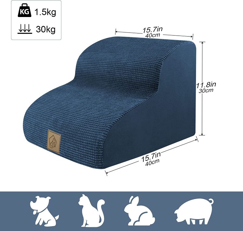 Photo 1 of High Density Foam Pet Stairs,Anti-Slip 2-Tiers Soft Corduroy Fabric Cover Foam Climbing Pet Stairs for Short-Leg Injured Dogs to Reach High Coach Sofa Bed,Send 3 Pack Dog Bite Toys,Blue