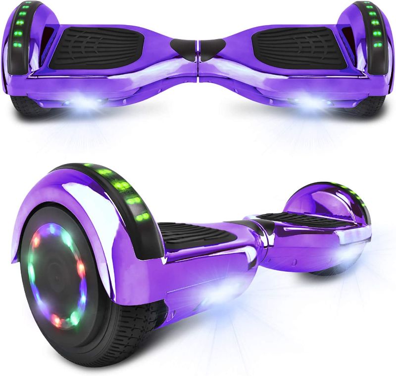 Photo 1 of cho Electric Hoverboard Smart Self Balancing Scooter Hover Board Built-in Speaker LED Wheels Side Lights for Kids- Safety Certified Chrome purple