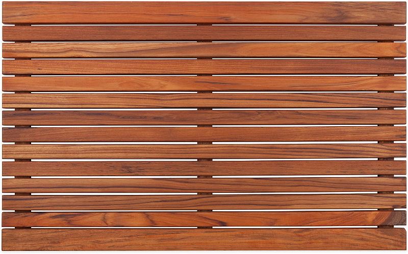 Photo 1 of Nordic Style Premium Teak Shower and Bath Mat for Indoor and Outdoor Use - Non-Slip Wooden Platform for Spa, Sauna, Pool, Hot Tub - (31.4" x 19.6", Dark Oiled w/Wide End Slat)
