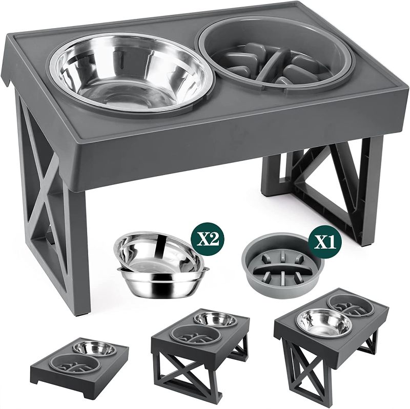 Photo 1 of Elevated Dog Bowls Adjustable Raised Dog Bowl with 2 Stainless Steel with Slow Feeder Bowl Dog Food Bowls Stand Non-Slip No Spill Dog Dish Adjusts to 3 Heights for Small Medium Large Dogs and Cats
