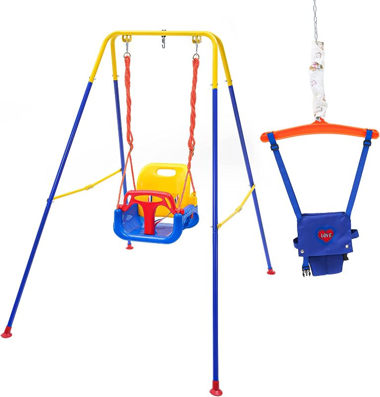 Photo 1 of 3-in-1 Swing Set Baby Jumper and Bouncers for Toddler, Baby Swing is Suitable for Indoor and Outdoor Play, with a Foldable Metal Stand for Easy Storage, and Comes with Instructions for Easy Assembly.
