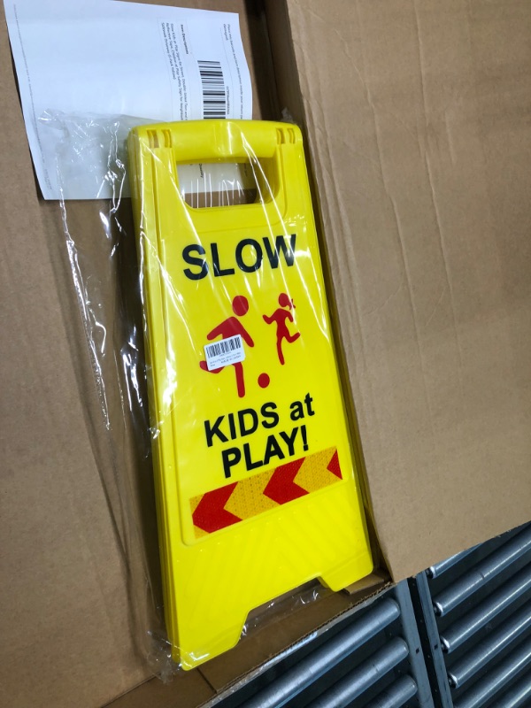 Photo 2 of Slow Kids at Play Signs for Street, Double-Sided Text and Graphics with Reflective Tape, Children at Play Safety Sign for Neighborhoods Schools Park Sidewalk Driveway (3-Pack Yellow) Yellow 3-Pack