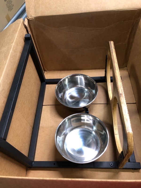 Photo 2 of Emfogo Dog Food Bowls Raised Dog Bowl Stand Feeder Adjustable Elevated 3 Heights 5in 9in 13in with Stainless Steel Food Elevated Dog Bowls for Large Dogs and Cats 16.5x16 inch,Patented Carbonized Black