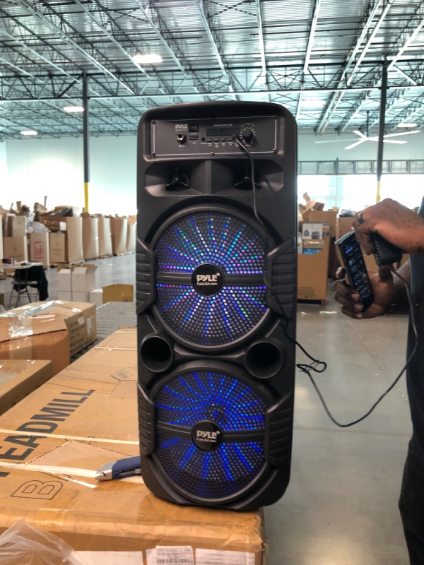 Photo 4 of Pyle Portable Bluetooth PA Speaker System - 600W Rechargeable Outdoor Bluetooth Speaker Portable PA System w/ Dual 8” Subwoofer 1” Tweeter, Microphone In, Party Lights, USB, Radio, Remote - PPHP2835B