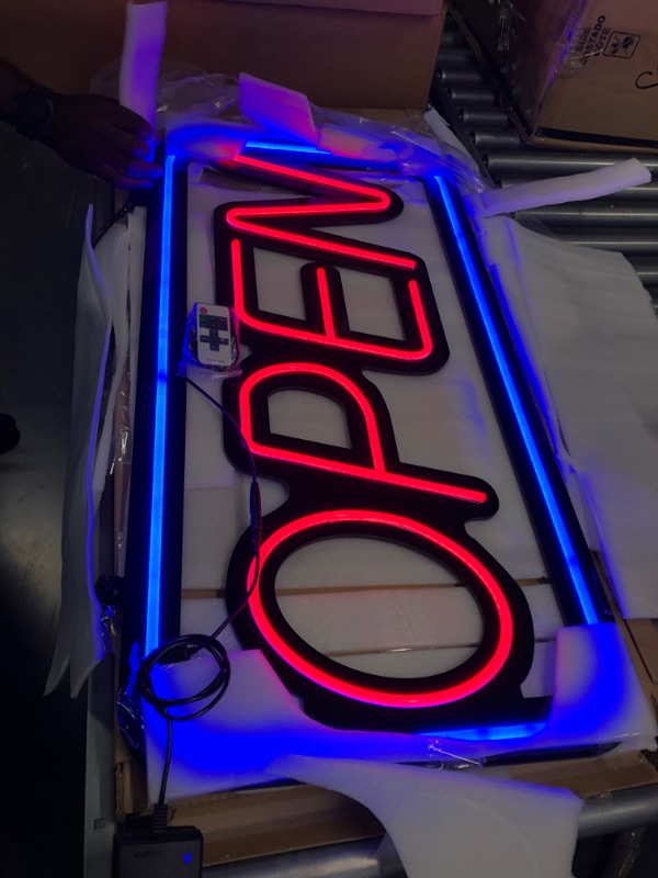 Photo 2 of LED New Ultra Bright Extra Jumbo Open Sign,35x17 inch Open Sign for Business,with Multiple Flashing Modes, Ideal for Restaurant, Bar, Salon and More,12V/3A Power Supply?with Open/Close Sign, Remote Controlled (Blue/Red)