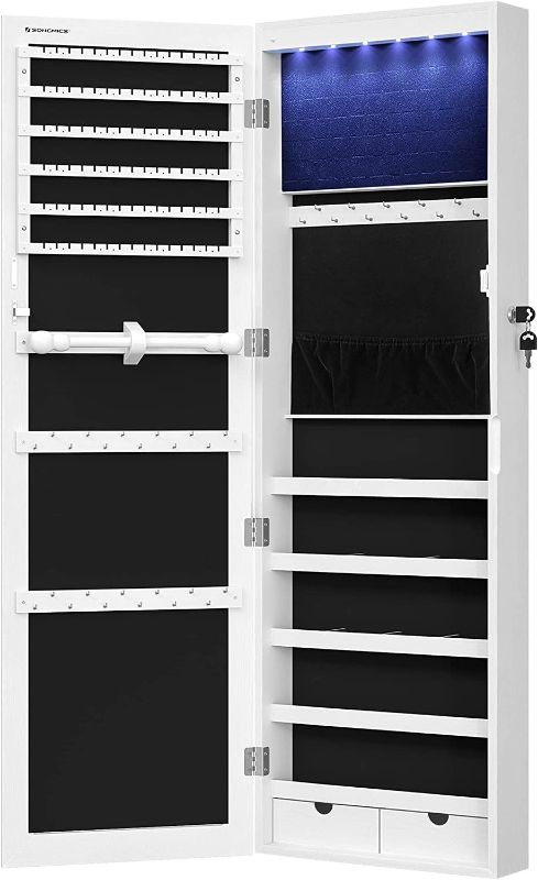 Photo 1 of 6 LEDs Mirror Jewelry Cabinet, 47.2"H Lockable Wall/Door Mounted Jewelry Armoire Organizer with Mirror, 2 Drawers, White