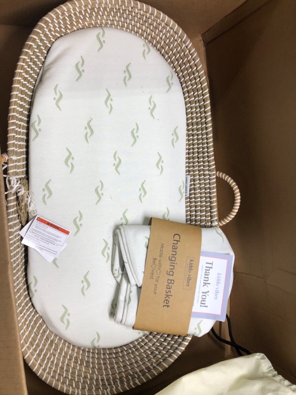 Photo 4 of Baby Changing Basket - with Thick Pad & 3 Waterproof Bamboo Jacquard Covers. Organic Seagrass Moses Basket for Babies - CPSC Compliant, Premium Changing Table Topper - Unique Boho Baby Decor Natural / White