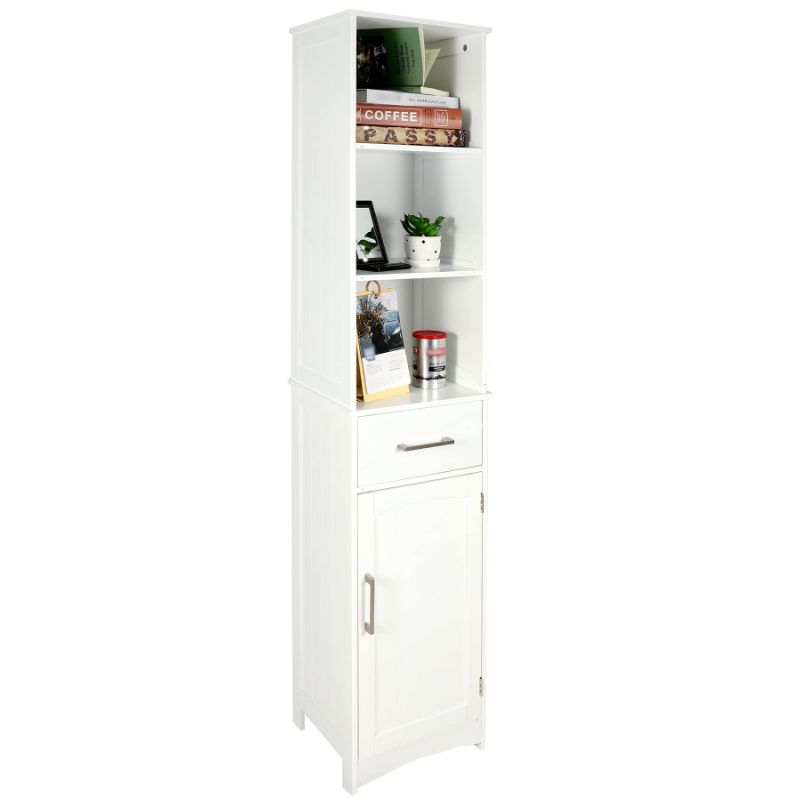 Photo 1 of ALAPUR 65” Tall Bathroom Storage Cabinet Freestanding,White Narrow Floor Bath Cabinet Storage with 3 Tier Shelves, 1 Drawers, 1 Cupboard