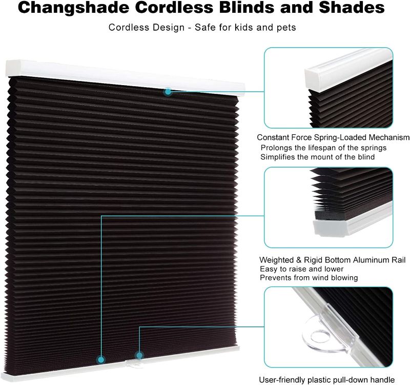 Photo 1 of Changshade Cordless Blackout Cellular Shade, Honeycomb Shade with The Diameter of 1.5 inch Honeycombs, Room Darkening Pleated Window Shade for Bedroom, Children Room, 24x50 inches Wide, Black 