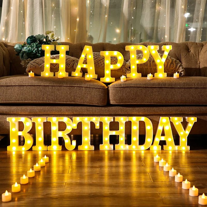 Photo 1 of Coume 155 Bulbs Happy Birthday Marquee Light up Letters with 24 Pcs Flameless Votive Candles, White Sign Decoration Led Battery Operated Candle Tea Lights for Christmas Wedding Decor