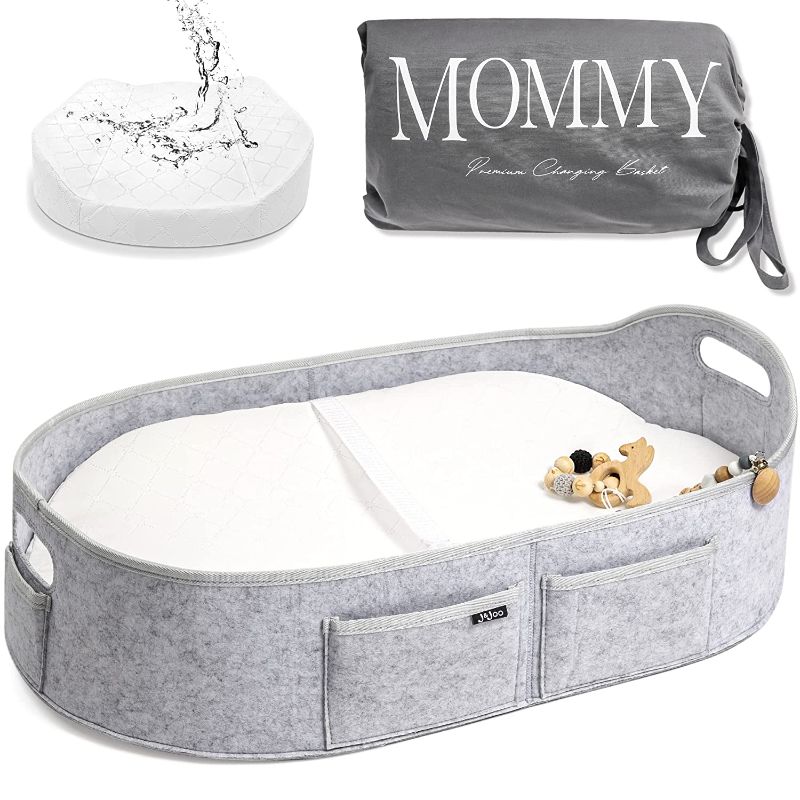 Photo 1 of Baby Changing Basket with Contoured Foam Pad - Wipeable Waterproof Cover - Changing Pad Topper for Dresser/Table, Living Room, Portable, Moses Basket, Gray, J&JOO… (Gray)