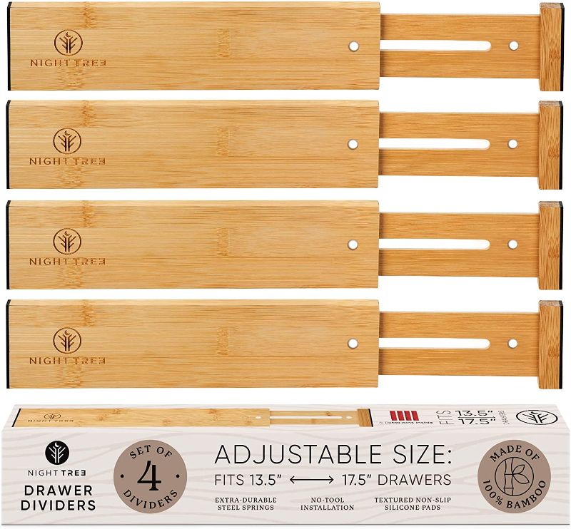 Photo 1 of Bamboo Drawer Dividers - Set of 4 Expandable Spring-Loaded drawer dividers for clothes / Kitchen Utensils drawer divider w/ Anti-Slip Silicone Pads for Continued Protection - 13.5 - 17.5 Inches Length