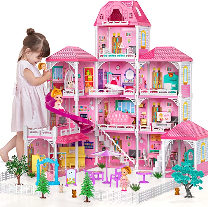Photo 1 of TEMI Dream House Doll House 7-8 for Girls - 4-Story 12 Rooms Playhouse 4-5 Year Old w/ 2 Dolls, Dollhouse Furniture Accessories, Pretend Cottage Toy House, Toddler for Kids Ages 3 4 5 6 7
