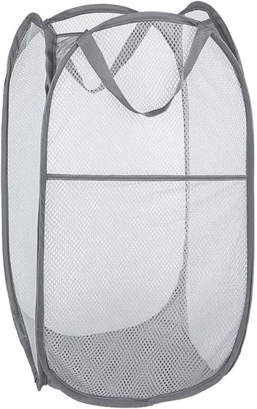 Photo 1 of Bud Mesh Pop up Laundry Hamper, Collapsible for Storage, Portable Folding Pop-Up Clothes Hamper Laundry Basket for Kids Room, College Dorm or Travel, Grey