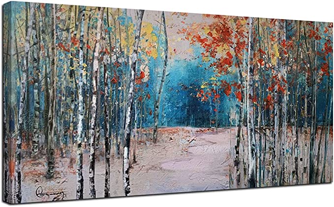 Photo 1 of Ardemy White Birch Tree Canvas Wall Art Blue Forest Painting Landscape Picture, Nature Artwork Modern Large Size Framed for Living Room Bedroom Bathroom Dinning Room Home Office Wall Decor, 48"x24"