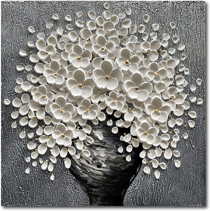 Photo 1 of Epicler art White Flower Oil Painting Modern Abstract Art Oil Painting Home Bedroom, Dining Room, Living Room, Office Wall Decoration (20x20 inches)