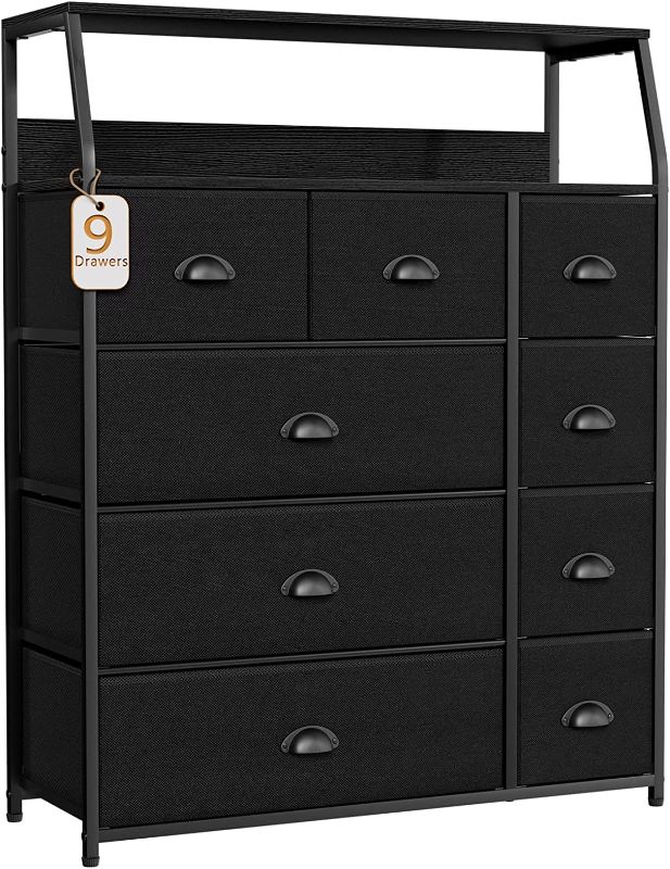 Photo 1 of Furnulem 9 Drawer Dresser Large with Shelf, Tall Closet Storage Organizer for Bedroom, Fabric Storage Dresser, Wooden Top, Living Room, Entryway-Industrial Style (Black, 31.5"x11.4"x39.8")