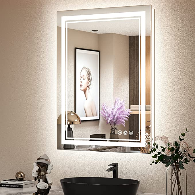 Photo 1 of TokeShimi 24x32 Inch Bathroom LED Mirror Front Lighted Backlit Vanity Mirror with Double Light Strip 3 Colors CRI 90+ Anti-Fog Memory Funtion Wall Mount Make up Mirror for Bathroom Décor