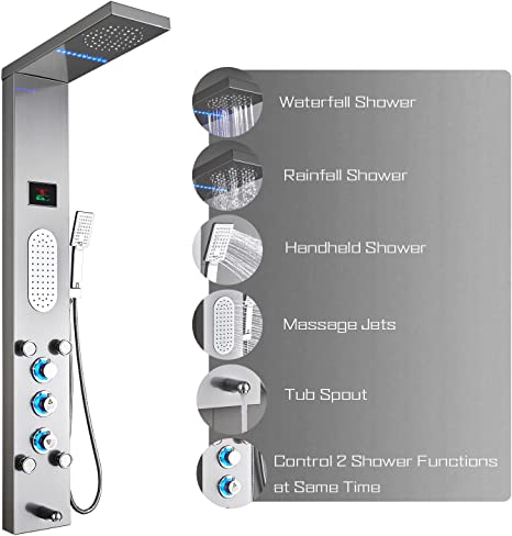 Photo 1 of ELLO&ALLO LED Shower Panel Tower System, Rainfall and Mist Head Rain Massage Stainless Steel Shower Fixtures with Adjustable Body Jets, Brushed Nickel