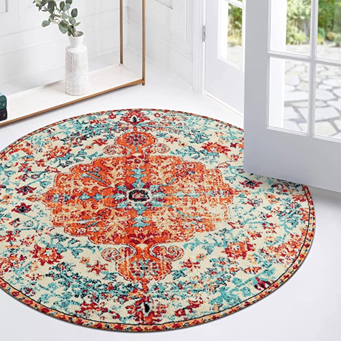 Photo 1 of Lahome Bohemian Floral Medallion Round Rug - 3Ft Oriental Distressed Small Round Area Rug Vintage Washable Entryway Foyer Mat Non-Slip Non-Shedding Low-Pile Sofa Bathroom Carpet, Orange/Multi