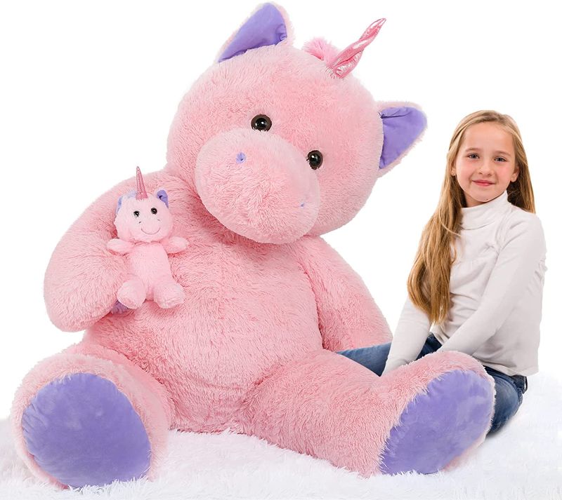 Photo 1 of MorisMos Giant Stuffed Unicorn 4 Foot, 51'' Giant Unicorn Stuffed Animal, 2-in-1 Big Stuffed Unicorn & Baby Unicorn Doll, Pink Unicorn Stuffed Animal for Girl Kid on Christmas Valentine's Day Birthday
