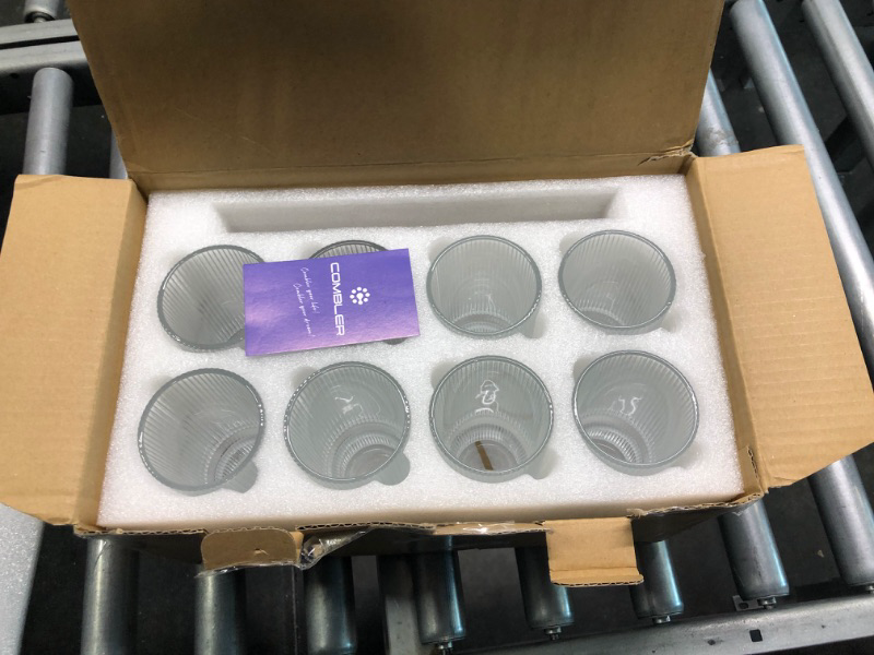 Photo 1 of Combler Ribbed Glass Cups, 11oz Drinking Glasses Set of 8, Cocktail Glasses, Coffee Bar Accessories, Vintage Ribbed Glassware for Whiskey Beer Smoothie Iced Coffee Cup, House Warming Gifts New Home 11oz Glass Cups Set of 8