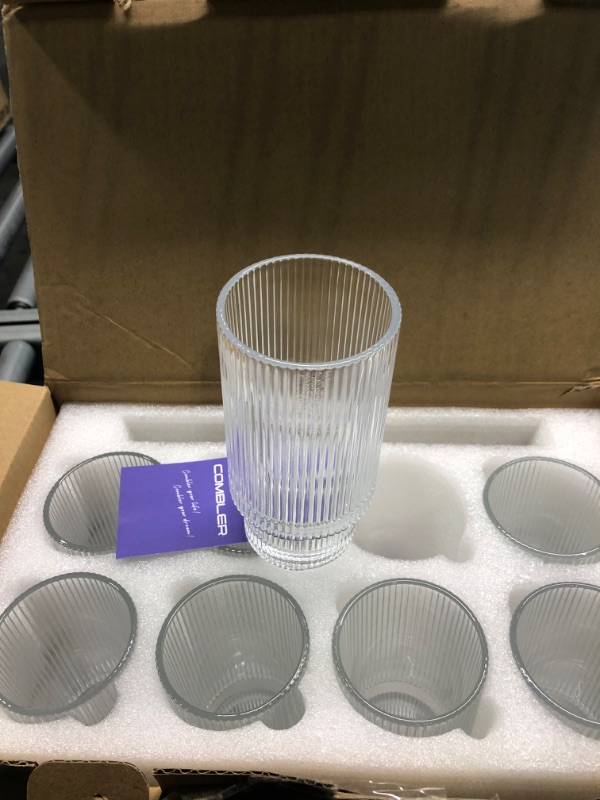 Photo 4 of Combler Ribbed Glass Cups, 11oz Drinking Glasses Set of 8, Cocktail Glasses, Coffee Bar Accessories, Vintage Ribbed Glassware for Whiskey Beer Smoothie Iced Coffee Cup, House Warming Gifts New Home 11oz Glass Cups Set of 8