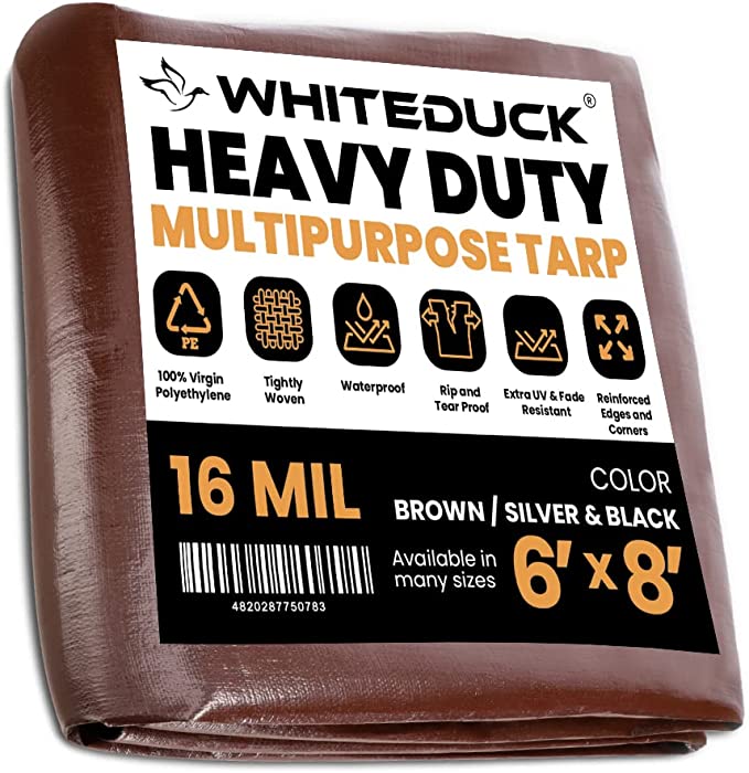 Photo 1 of WHITEDUCK 6' x 8' Super Heavy Duty Poly Tarp Thick 16 Mil, Waterproof 100% UV Resistant Rip/Tear Proof Tarp w/Rustproof Grommets & Reinforced Edges (Finished Size: 5'6"x7'6")