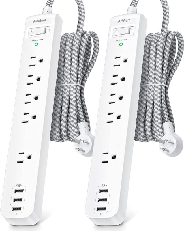 Photo 1 of Addatam 2 Pack Power Strip Surge Protector - 5 Widely Spaced Outlets 3 USB Charging Ports, 1875W/15A with 5Ft Braided Extension Cord, Flat Plug, Overload Surge Protection, Wall Mount for Home Office,White