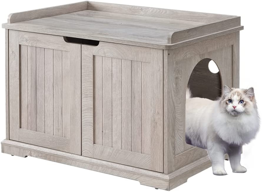 Photo 1 of Cat Washroom Storage Bench, Litter Box Cover, Sturdy Wooden Structure, Spacious Storage, Easy Assembly, Fit Most of Litter Box, Weathered Grey