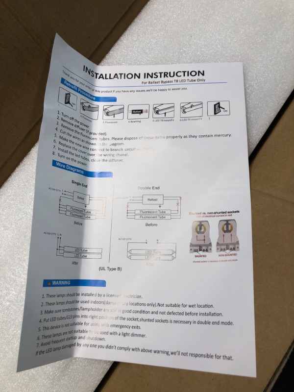 Photo 6 of 20 Pack 4FT LED T8 Ballast Bypass Type B Light Tube, 18W, 2400lm for Single-Ended & Dual-Ended Connection, 5000K, Frosted Lens, T8 T10 T12 Tube Light for G13, 120-277V, UL Listed