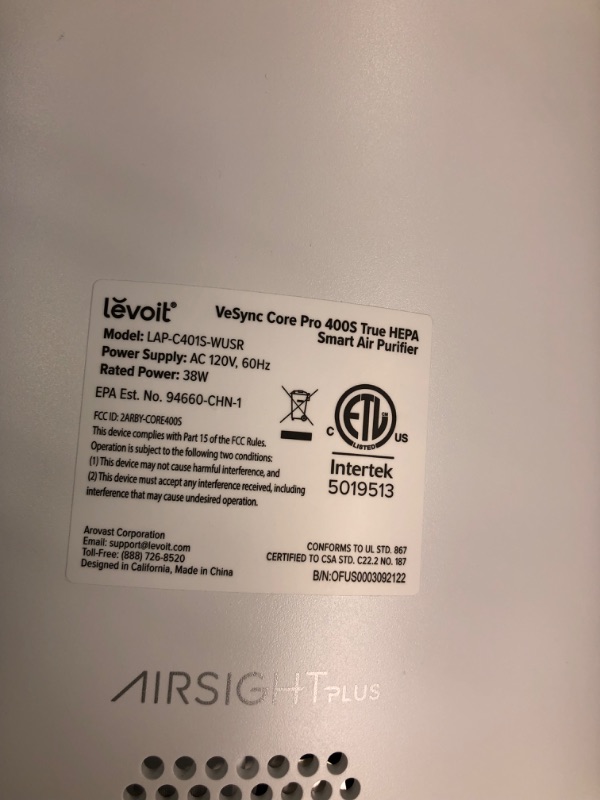 Photo 5 of LEVOIT Air Purifiers for Home Large Room, Smart WiFi and PM2.5 Monitor H13 True HEPA Filter Removes Up to 99.97% of Particles, Pet Allergies, Smoke, Dust, Auto Mode, Alexa Control, White Core 400S White