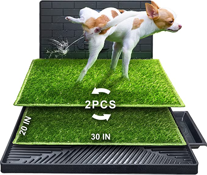 Photo 1 of Hompet Dog Potty for Indoor or Porch, 2 Pcs Artificial Grass Training Pads with Pee Baffle, Reusable Dog Grass Pad with Tray, Alternative to Puppy Pads, Portable Dog Litter Box for Small/Medium Dogs
