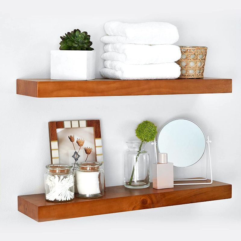 Photo 1 of Homeforia Rustic Farmhouse Floating Shelves - Bathroom Wooden Shelves for Wall Mounted - Thick Industrial Kitchen Wood Shelf - 36 x 6.5 x 1.75 inch - Set of 2 - Honey Oak Color