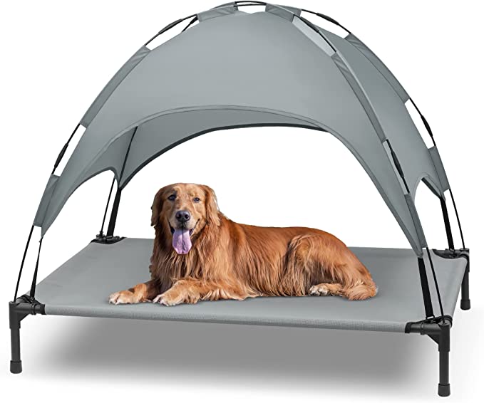 Photo 1 of Elevated Dog Bed with Canopy, Outdoor Dog Cot with Removable Canopy Shade Tent, Portable Raised Pet Cot Cooling Bed for Dogs and Cats,  (grey)