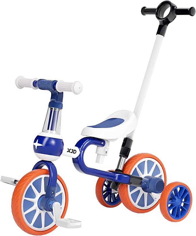 Photo 1 of XJD 5 in 1 Toddler Bike with Push Handle Toddler Tricycle with Parent Steering Push Handle Toddler Tricycle Ages 2-4 Years Kids Boy Girl Push Trike for Toddler (Blue+Handle)