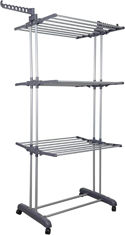 Photo 1 of Clothes Drying Rack 3-Tiers with Retractable Trays, Collapsible Shelves, Rolling and Base with Casters, Stainless Laundry Dryer Indoor/Outdoor Standing Rack