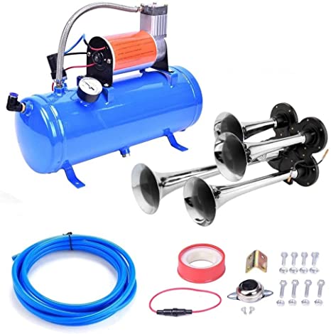 Photo 1 of 150DB Train Air Horn Kit, 4 Trumpet Loud Train Horns Kit for 150 PSI 12V Air Compressor 1.59 Gallon for Trucks, Cars, Van Boats Super Loud Air Horn(Blue)